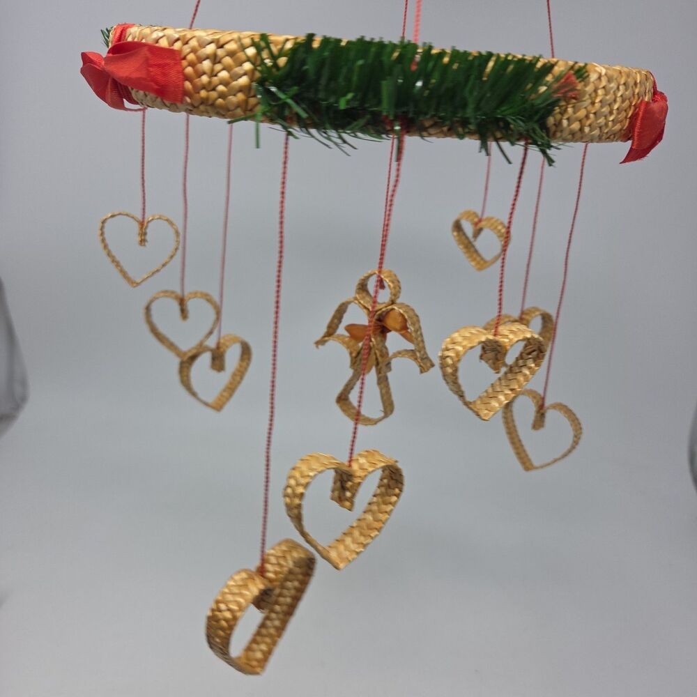 Vintage JULE URO Rattan Mobile Handmade w/ Hearts Angels Christmas Decor Demark